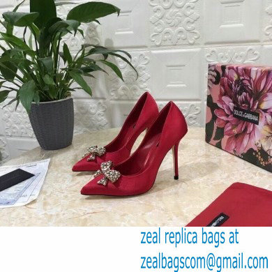 Dolce  &  Gabbana Heel 10.5cm Satin Pumps Red with Crystal Bow 2021